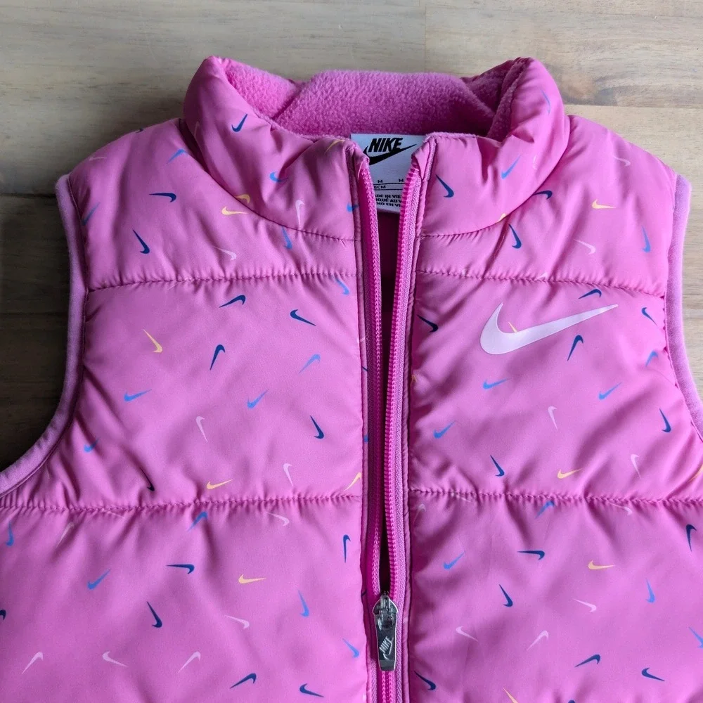Nike Kids Pink Mini Swoosh Puffer Vest Fleece Lined Full Zip Jacket Size 6Y Med